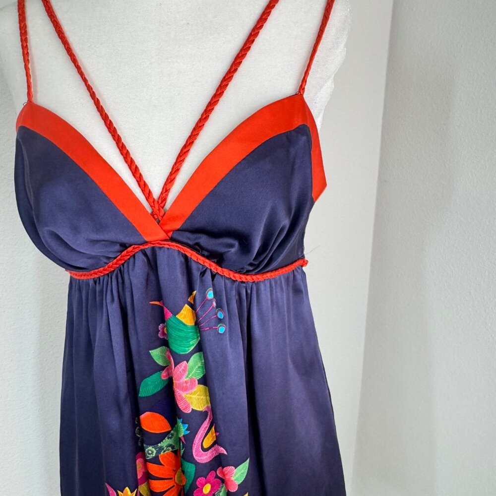 Voom By Joy Jan Silk Floral Dress Sz S Strappy Blue Orange Knee Length - Picture 2 of 14